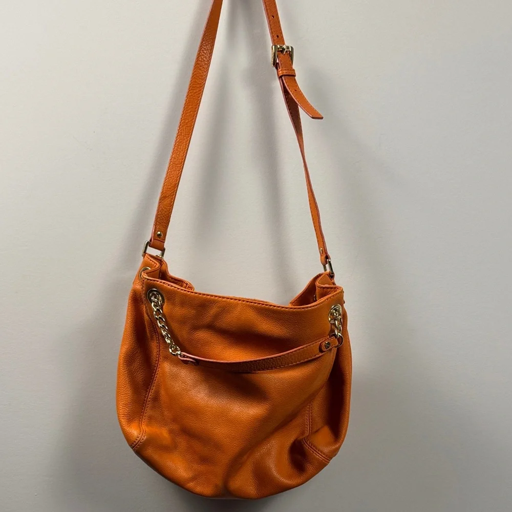 Michael Kors Orange Pebbled Leather Hobo Shoulder Bag Gold MK